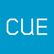 blue logo with the "Cue" in white lettering