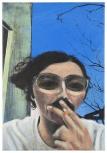 Distorted selfie of the artist smoking.