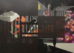 An abstracted view of a fire in a bedroom. Black squares mimicking smoke cover the shapes like a haze. Orange shapes rise from the midground. There is a stylized version of a headboard in the center of the painting.