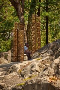 Graft | Knoxville, sited at the former Morrow’s Quarry (located on the western portion of the UTGA&EC) consists of three interrelated Corten steel screen modules and includes three polished white marble benches cut from an abandoned block salvaged from the quarry site.