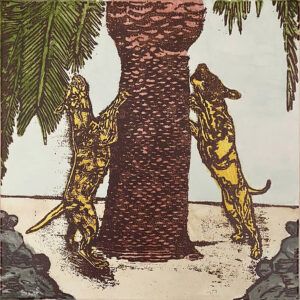 It depicts two female dogs, which represent the biblical Lot's daughters, attempting to catch dropping fruit from a Florida native palm tree, representing Lot.