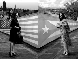 The black and white image is split down the middle to represent the two sides of the artist. One side represents the American side of her, wearing common work clothes. She stands in front of an American flag and the city. On the right, she is wearing a looser, more patterned dress. She stands in front of the Puerto Rican flag and the island landscape.