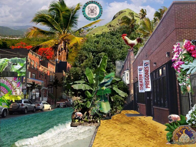 Photo collage of the Pregones Theater in the Bronx. There are palm trees and the ocean edited into the photo.