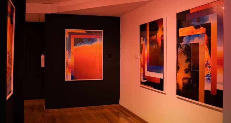 Series of experimental photographic prints created from layers of aerial thermal images of the ocean. The warm tones indicate portions of the ocean where temperatures have been recorded or documented due to the overheating.
