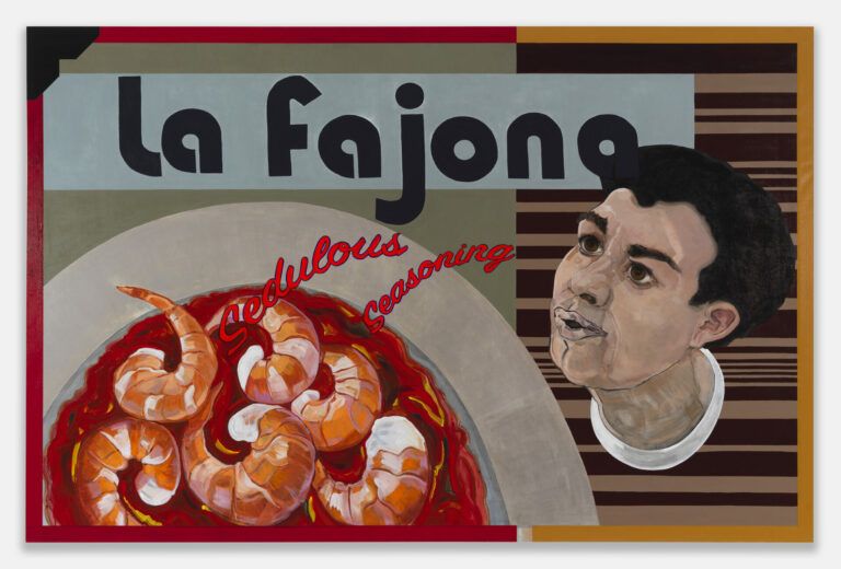 A portrait next to a bowl of shrimp. "La Fajona, Sedulous Seasoning"
