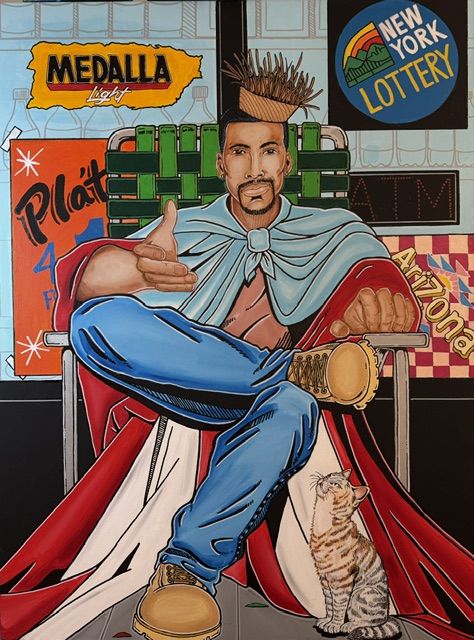 A man sits in a woven plastic chair in front of a bodega. The Puerto Rican flag is draped over his shoulders like a cape. Accompanying him is a cat by his side.