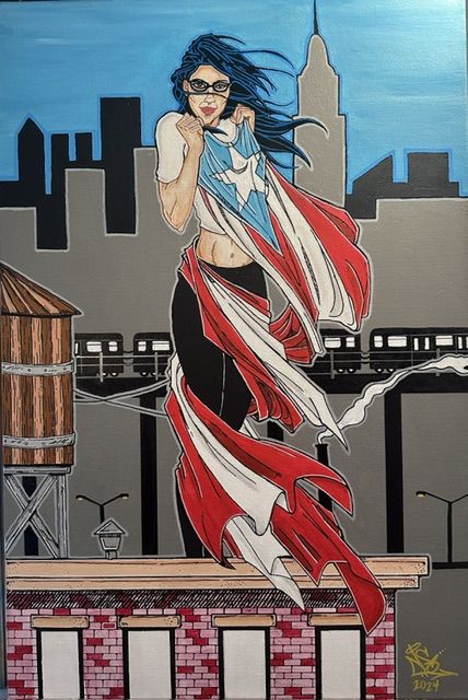 A woman stands in front of a cityscape, wrapped in the Puerto Rican flag.