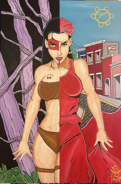 An image split down the middle with a woman in the center split between Taino cultural designs and a modern cityscape.