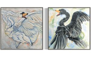 Swan diptych referencing Hilma af Klint's "The Swans No 1." One black swan and one white swan are in territorial stances facing each other.