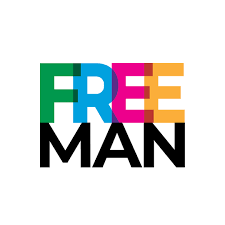 The word "Free" in rainbow colors and the word "Man" in black text stacked on top of each other.