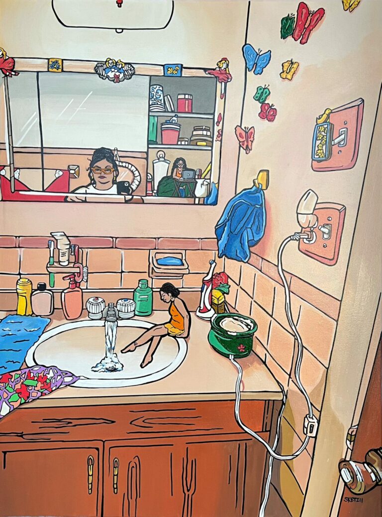 Painting of a retro style bathroom.