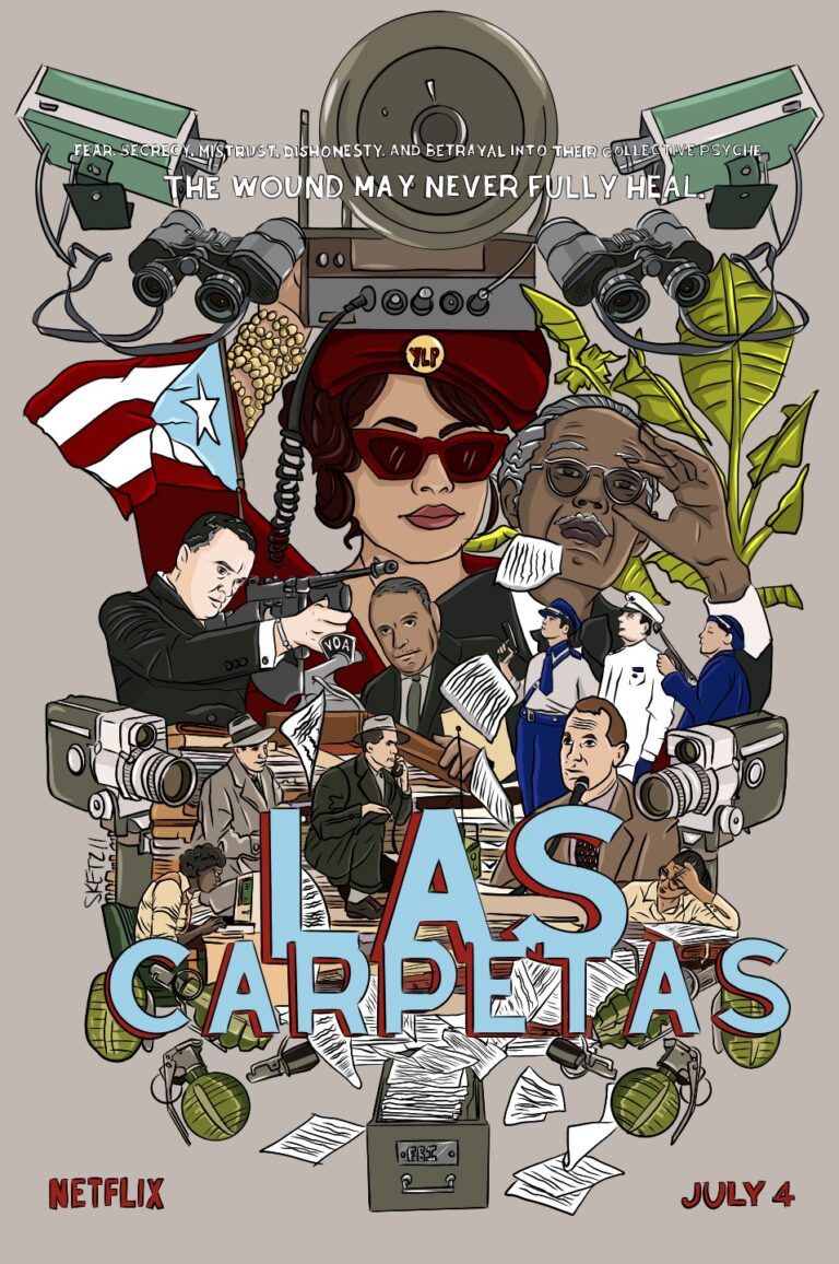 Digital Illustration of a poster of Las Carpetas. Features cameras, grenades, papers, and people.