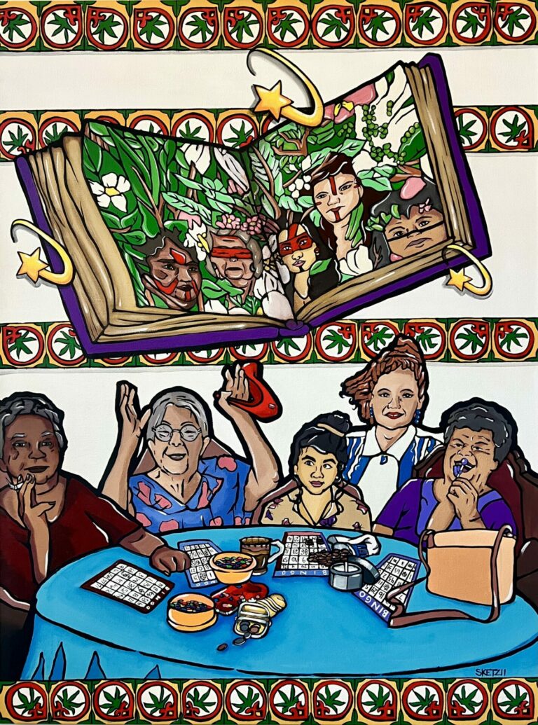 A bingo game of women using Taíno symbols.