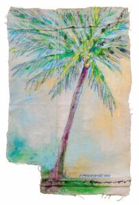 Pastel colored palm tree painted on cloth.