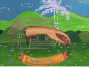 A severed hand with red-painted nails hovering over a banner that says "desde 1493." The background consists of a line drawing of a house and a palm tree.