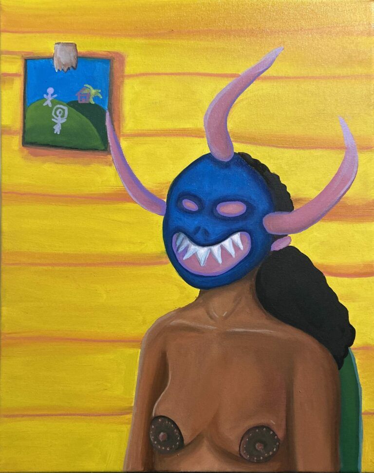 Painting of the artist nude wearing a vejigante mask in front of a yellow paneled wall.