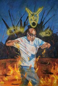 Painting of a man on fire with a neon image of a vejigante above his head.