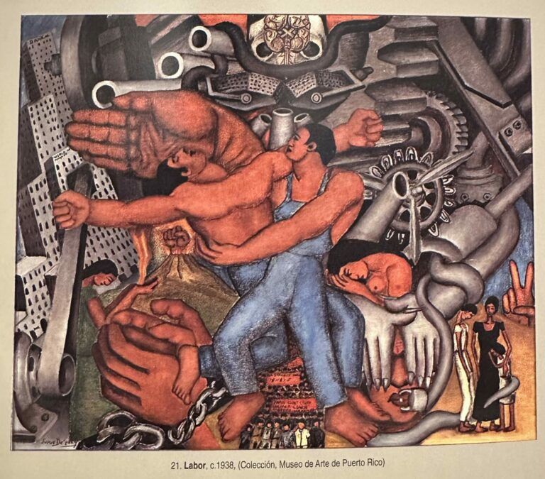Painting of men working in an industrial setting, families crying, hands clasped in chains, protests, and skyscrapers.