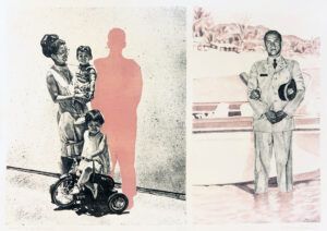 Two prints side by side. One of a woman and two children and the other of a man in uniform.