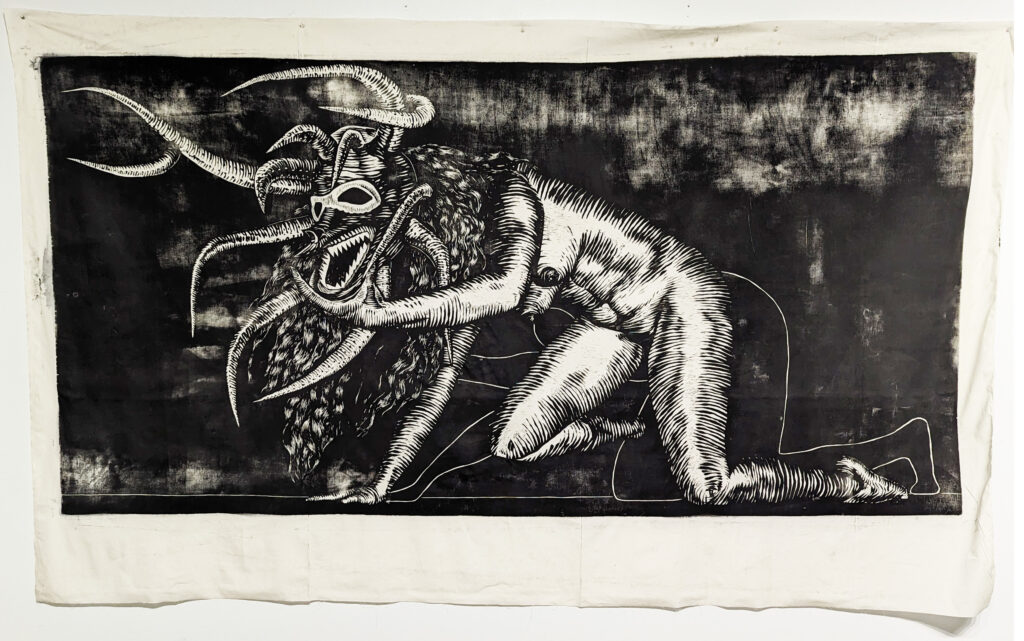 Woodcut black-and-white print of a vejigante with a female body crawling on all fours towards the left of the image. The background is black and foggy.