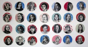 28 portraits of Puerto Rican women and nonbinary people in rows of seven referencing birth control.