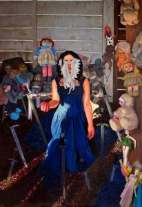 Surrealist painting based off of the "Eight of Swords" tarot card. Features dolls, swords, and a female figure in a blue dress.