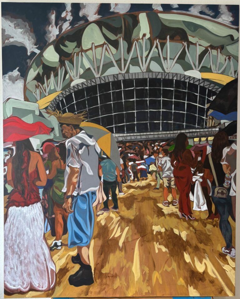 People gathered around the José Miguel Agrelot Coliseum of Puerto Rico. One man wears a pava.