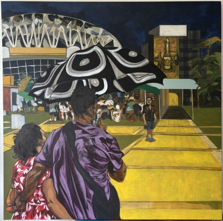 A couple under an umbrella walks on a yellow road towards a concert hall.