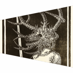 Female vejigante with a sword and the head of a man (Holofernes)