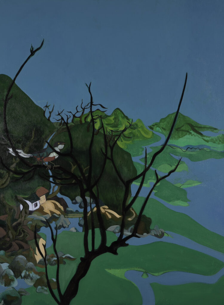 Green landscape with houses on the mountainside. In the foreground there is a dark wood tree. "The tocororo (Cuban trogon) perches on the highest branch of the tree." - Miguel Trelles