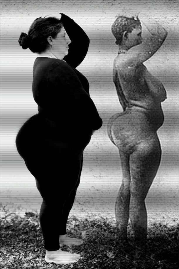 Self-referential photograph that is in dialogue with a nude image of The Venus of Hottentot right next to that of the artist clothed.