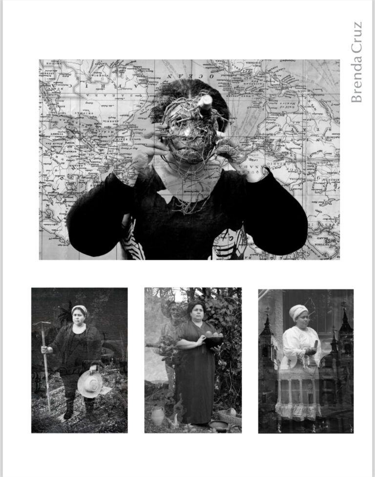 Black-and-white images of the artist in various traditional clothing with the image overlayed with a map, architecture, and other figures.