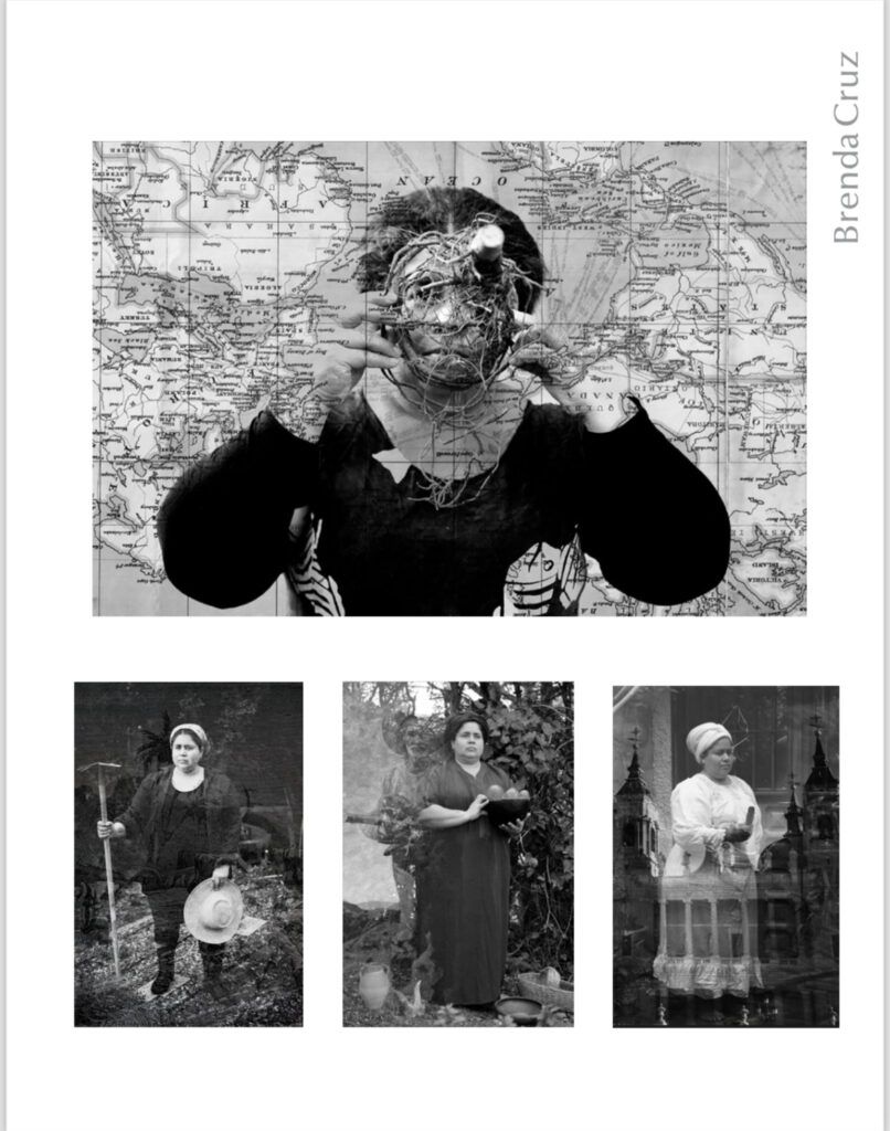 Black-and-white images of the artist in various traditional clothing with the image overlayed with a map, architecture, and other figures.
