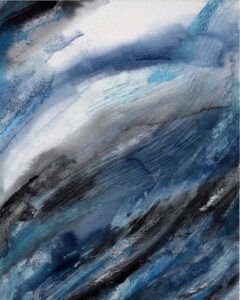 Soft blue and black colors merge over the canvas like waves.