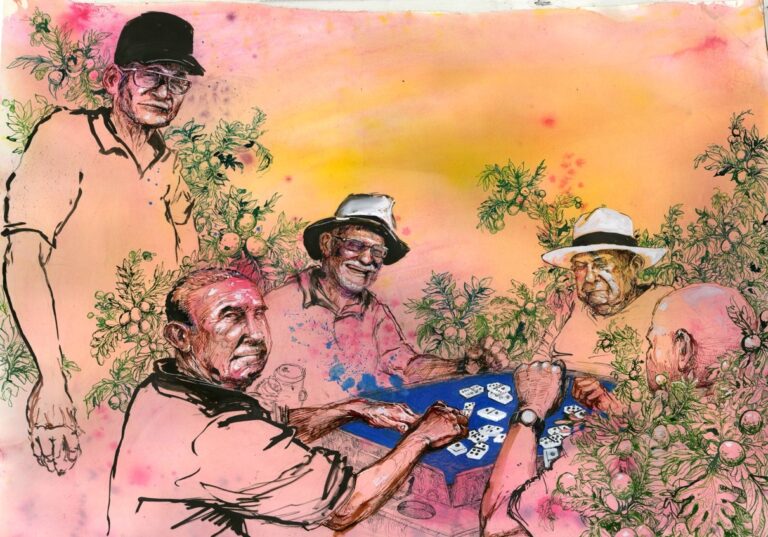 "The caballeros in Barrio Mariana" - Molly Crabapple. A group of men, three in hats, two without, play dominos on a blue table.
