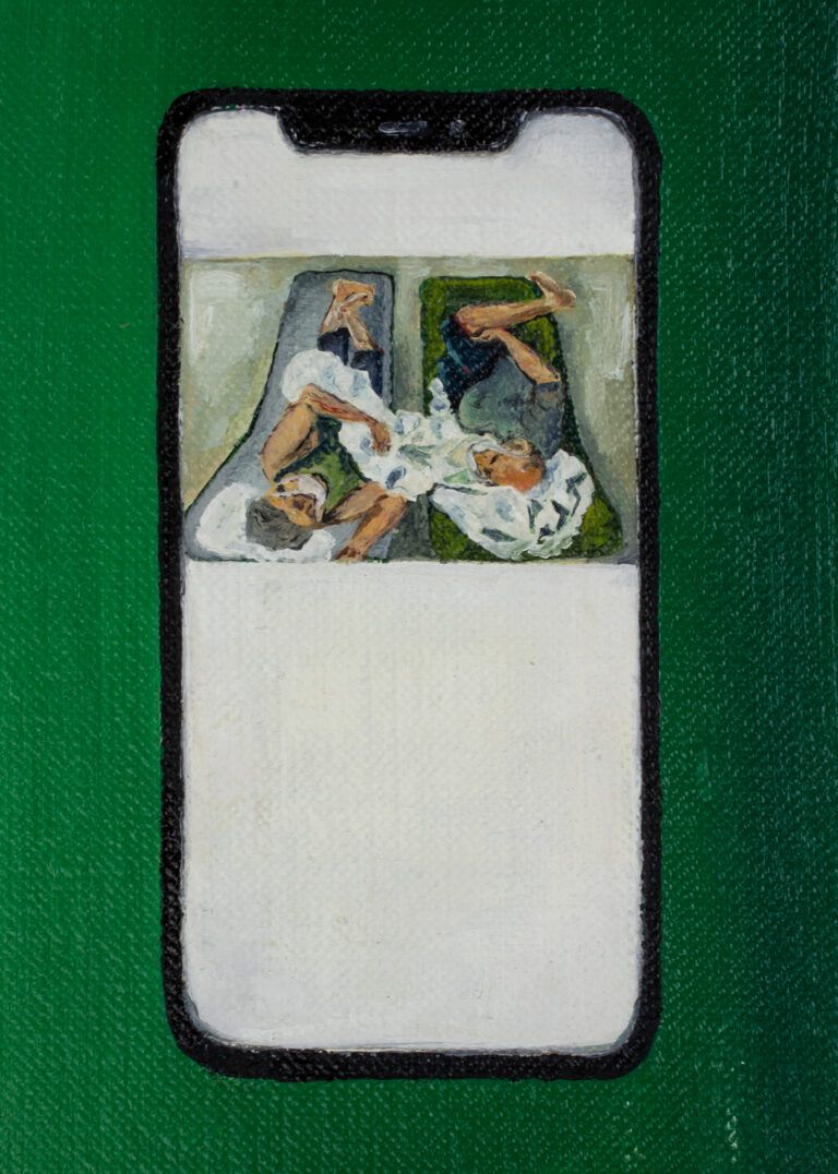 Detail of "Almost there, in a place that is as distant as it is close." Shows two people resting next to each other displayed on a smartphone.