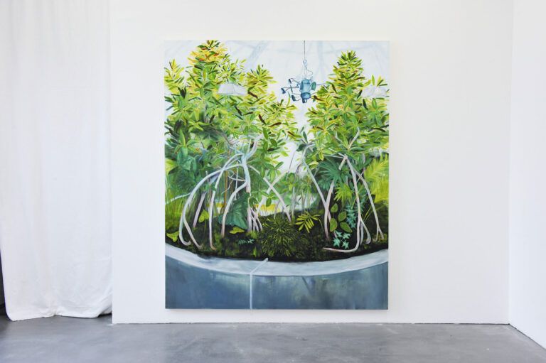 A painting depicting a planter filled with woody plants and leaves.