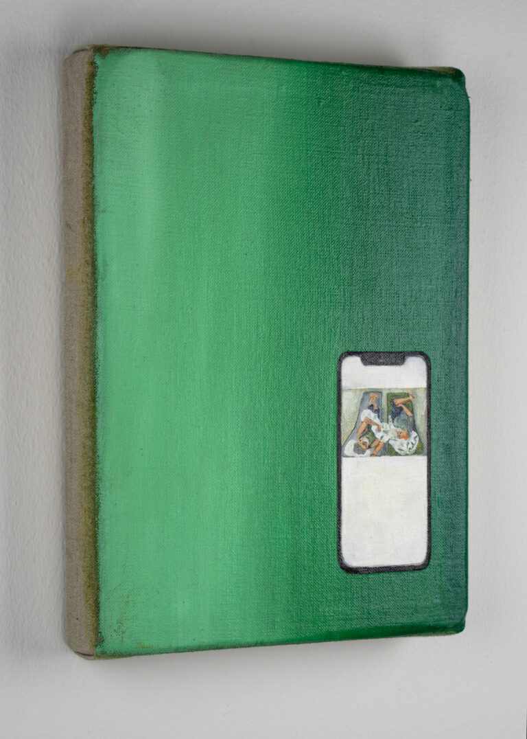 A gradient from light green to dark green on a rectangular canvas. A phone is painted in the bottom right. On the screen is an image of two people sleeping with medical masks on and sharing a white blanket.