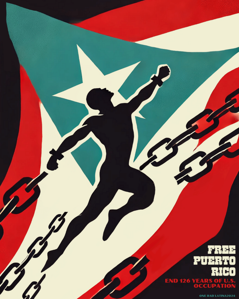 Silhouette of a person jumping through broken chains in front of a Puerto Rican flag. "Free Puerto Rico, End 126 years of U.S. Occupation"