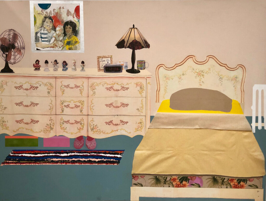 " Large mixed media painting. Pink Bedroom including a dresser with old fan, 'Precious Moments collectibles,' and diabetes medications. " - Misla