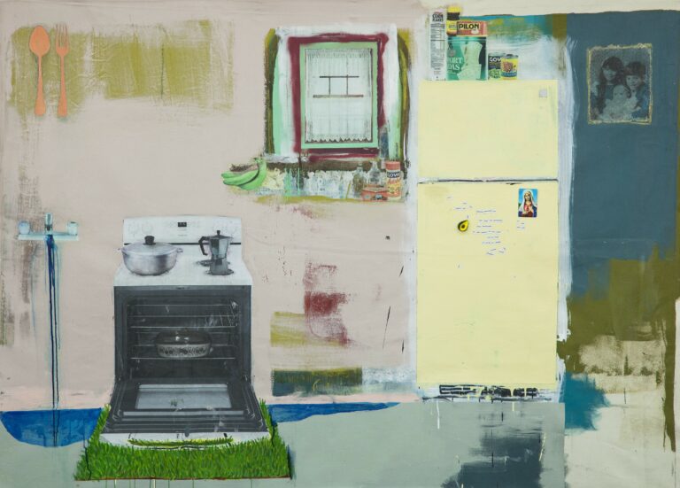 "Large mixed media painting. An abstracted kitchen with a running leak and magnetic fridge with word magnets where the viewer can jumble the Puerto Rican anthem in spanglish to create a new poem." - Misla