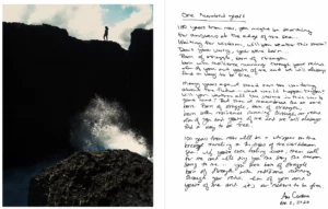 An image of a person standing at the top of a cliff by the sea juxtaposed by a letter about the future by Ani Cordero in 2020.