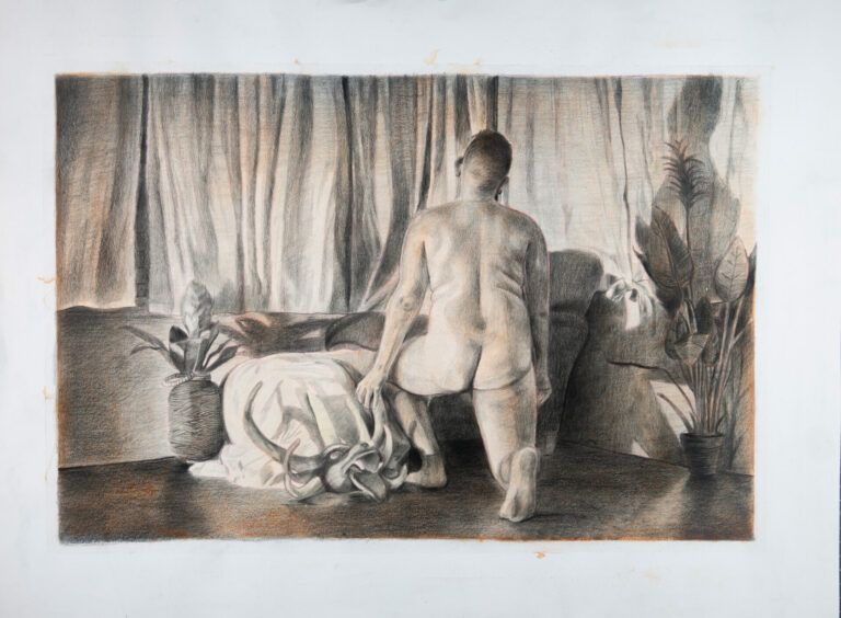 Drawing of a man with his back to the viewer, kneeling in front of a curtain, surrounded by plants and a vejigante mask.