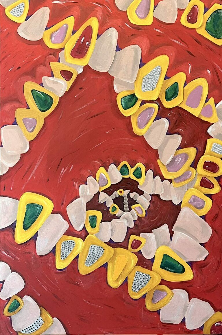 Rows of teeth adorned with gems flow into the background like a fractal.