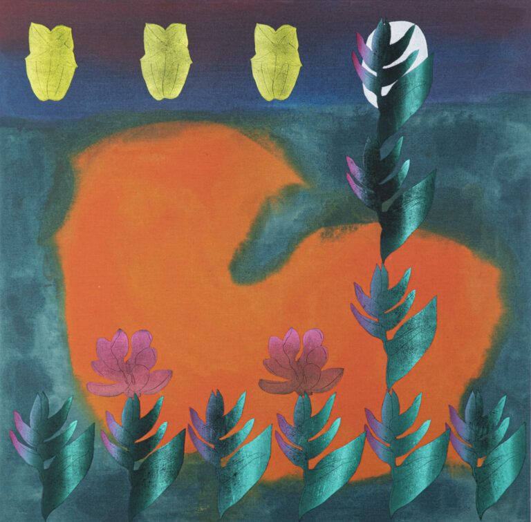 A collection of fruit and flowers are arranged in a grid over a soft orange, blue, purple, and green background. This includes three starfruit, nine sets of leaves, and two pink flowers.