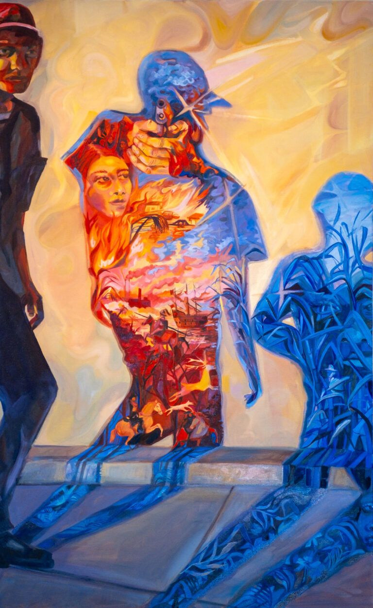 "This is a painting of a man walking with his shadow depicting historical imagery of the colonization of Latin America, specifically Puerto Rico, and the impact of colonial action on present day traumas such as climate change, political unrest, and violence." - Beatriz Whitehill. Blue shadows against a yellow wall are painted to contain vivid images of faces, guns, ships, leaves and animals.