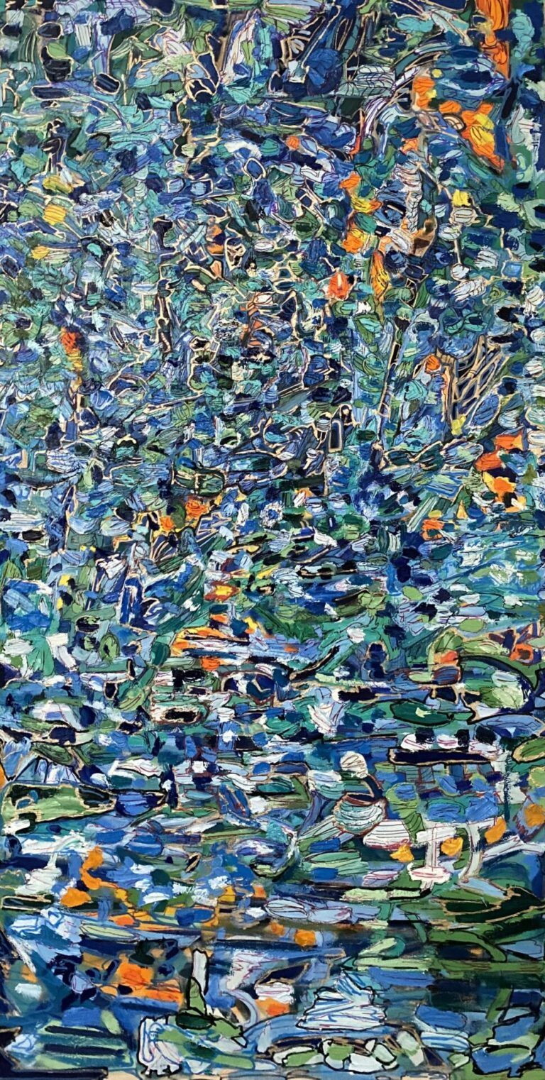 Blue, green, orange, and white paint strokes look like Tiffany glass, all pressed together in delicate smudges.