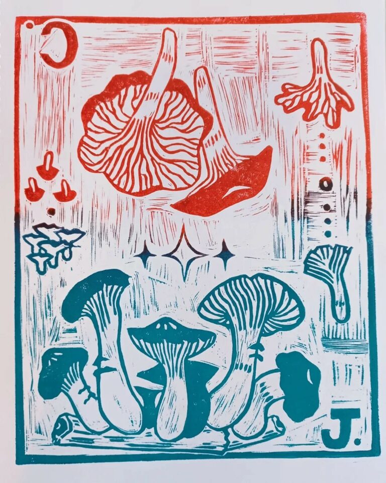 In red, chanterelle mushrooms. In blue, jack o'lantern mushrooms. They are arranged like a playing card.