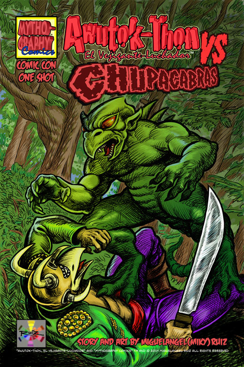 Vejigante character fighting a green chupacabra character in a wooded area.