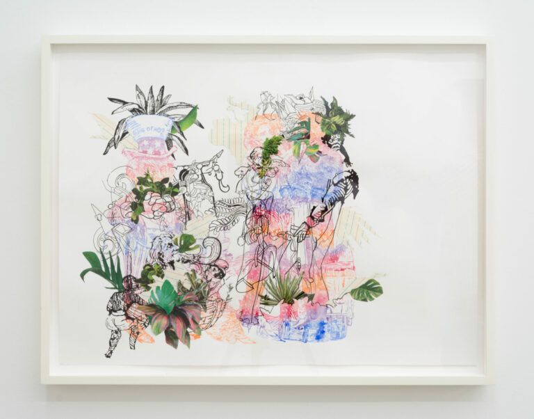 Colorful multimedia collage of faces, plants, and paper.